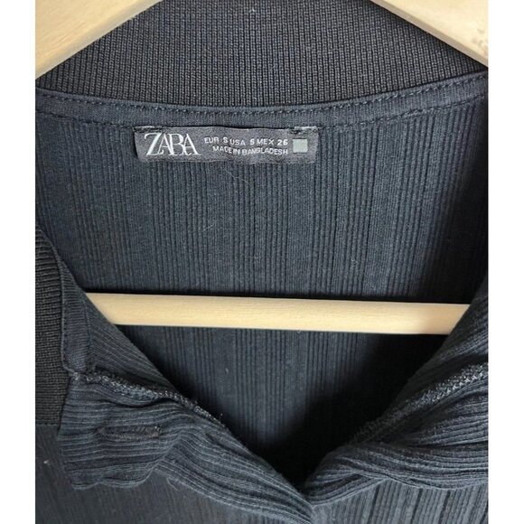 Zara Black Ribbed Button Front Collared Short Sleeve Top Women’s Small - Picture 3 of 3